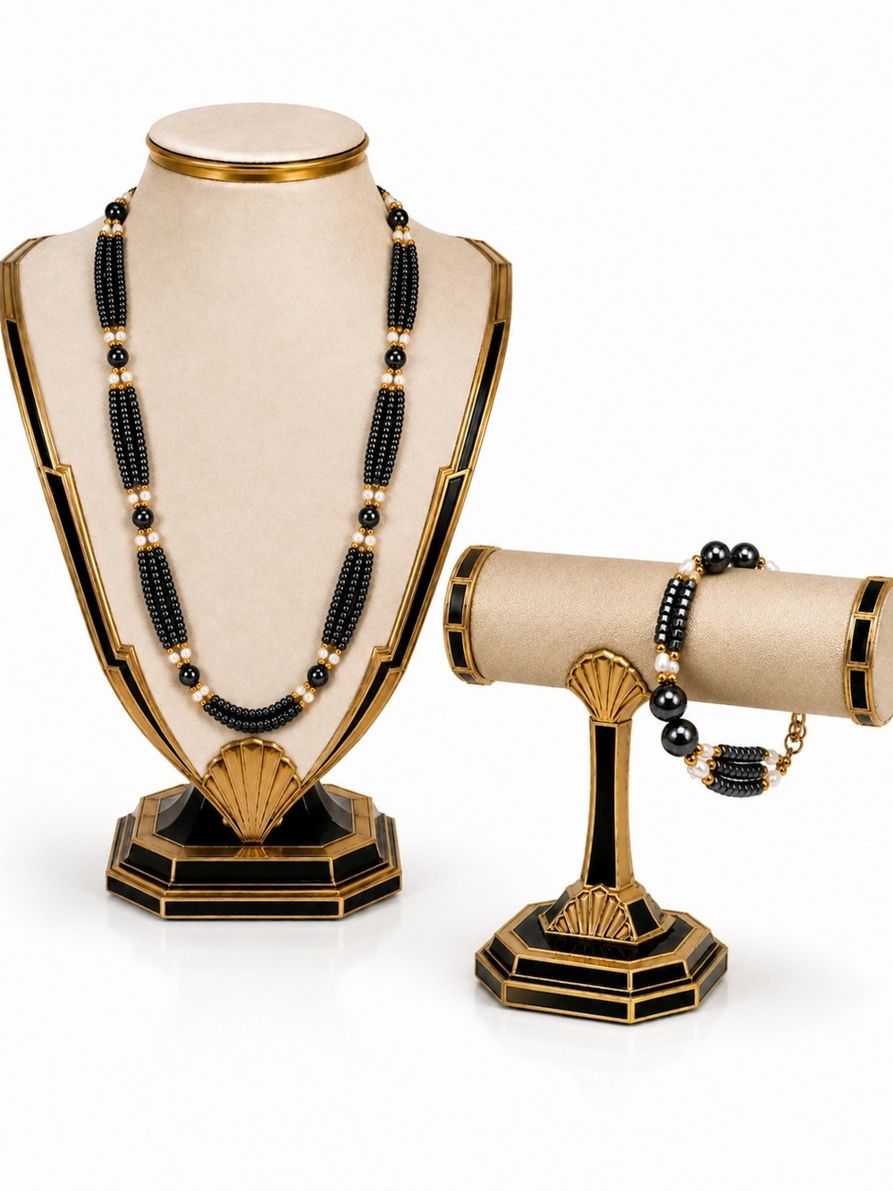 Hematite, Freshwater Pearl, Gold Beaded Necklace and Bracelet Set